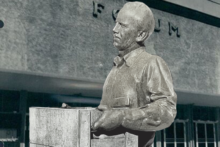 fotocollage af max bæklund statue